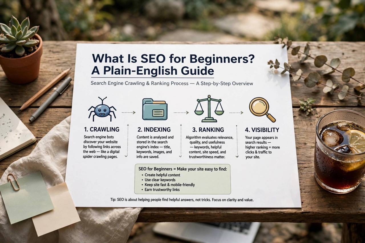 Diagram-style illustration of search engine crawling and ranking process