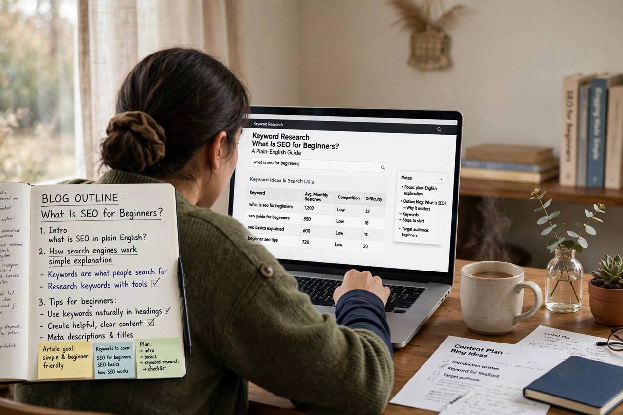 Person researching keywords and planning blog content at a computer