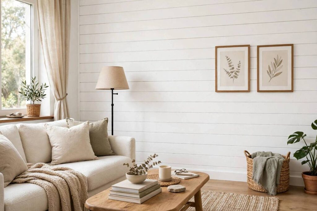 White shiplap wall with horizontal boards in a bright living room