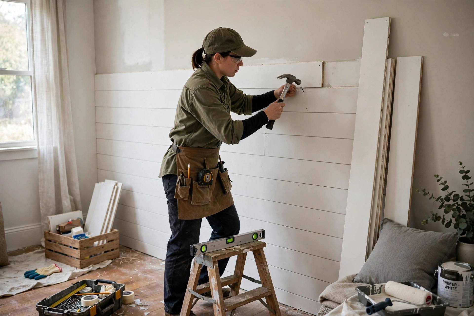 DIY installer nailing shiplap boards to a bedroom wall