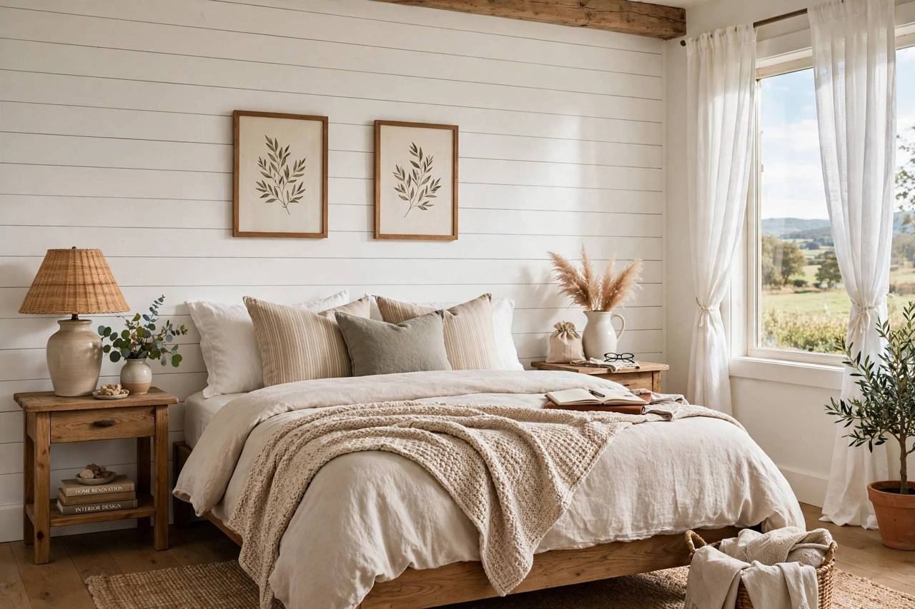 Farmhouse bedroom with white shiplap accent wall behind the bed
