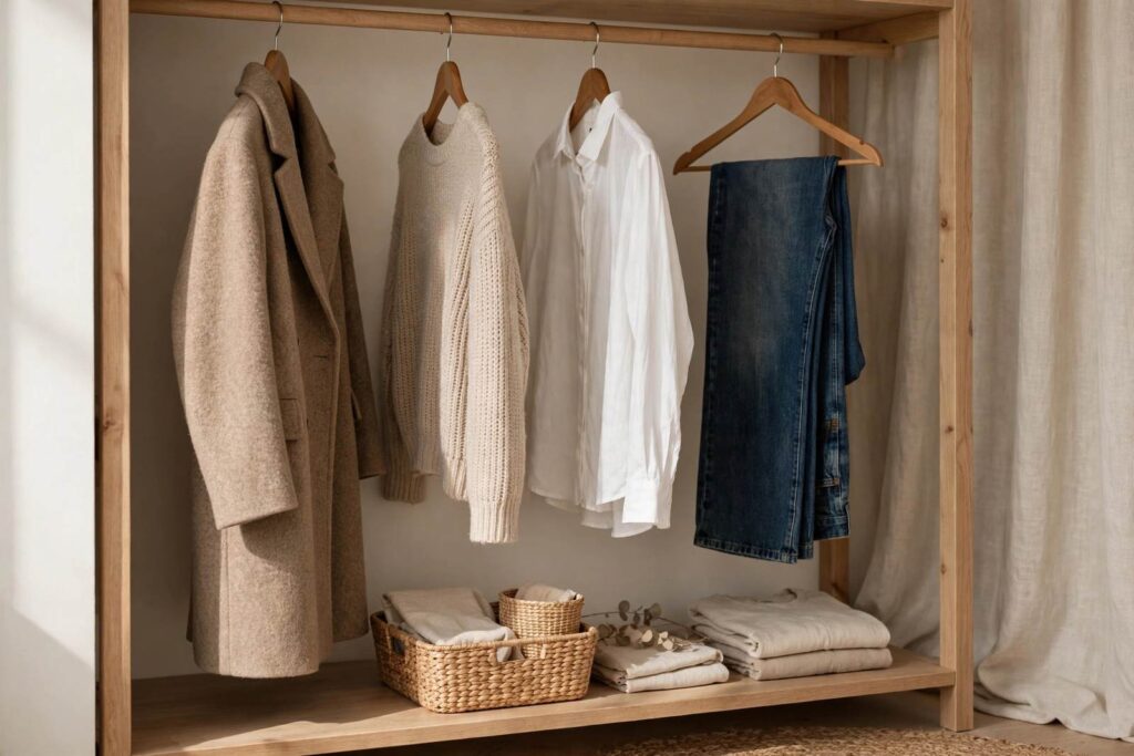 Curated wardrobe with timeless, quality garments neatly arranged — a slow fashion closet