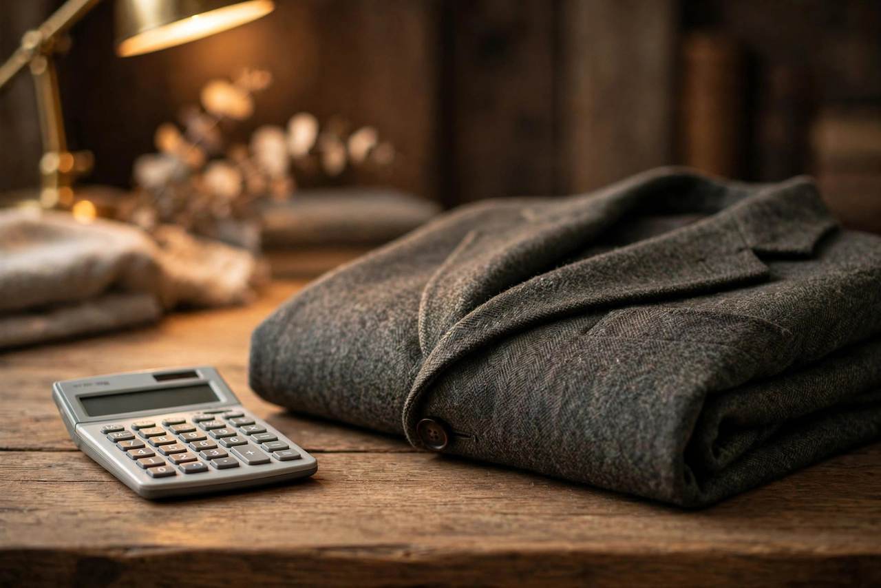 Calculator next to a quality garment with a cost-per-wear breakdown visual