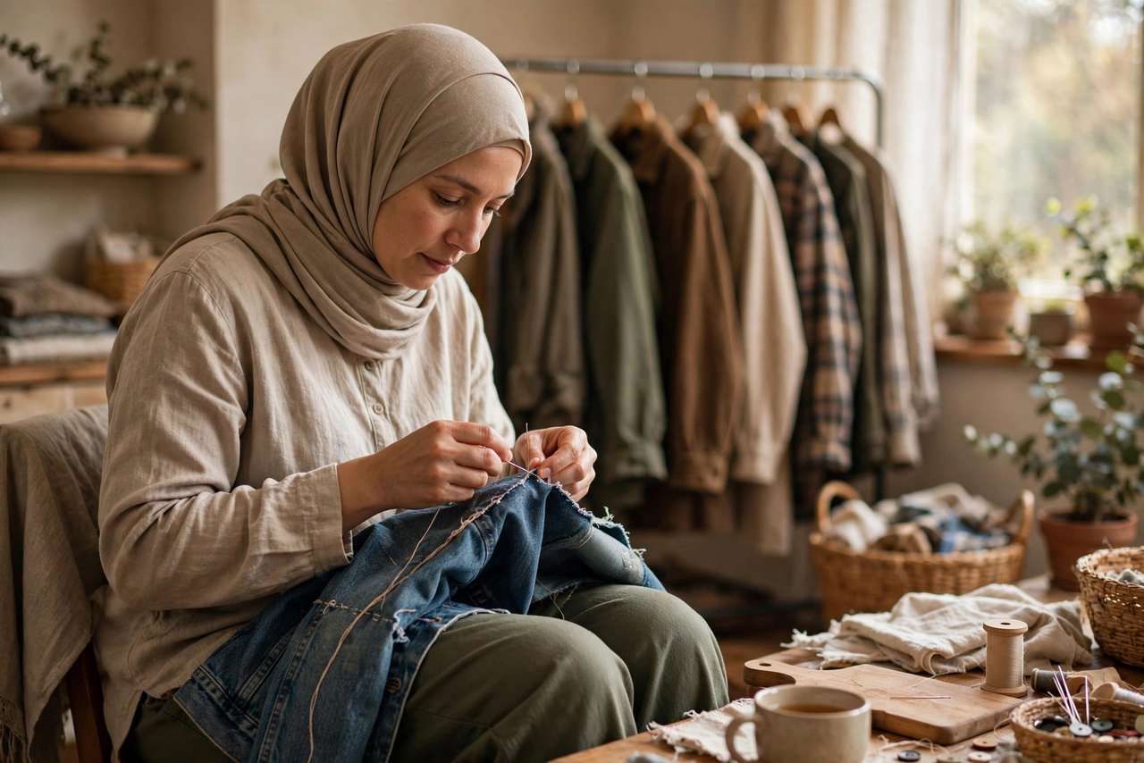 Person mending clothes at home, with a secondhand clothing rack in the background