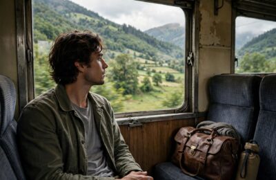 Looking out a train window on a slow travel journey through the countryside — what is slow travel