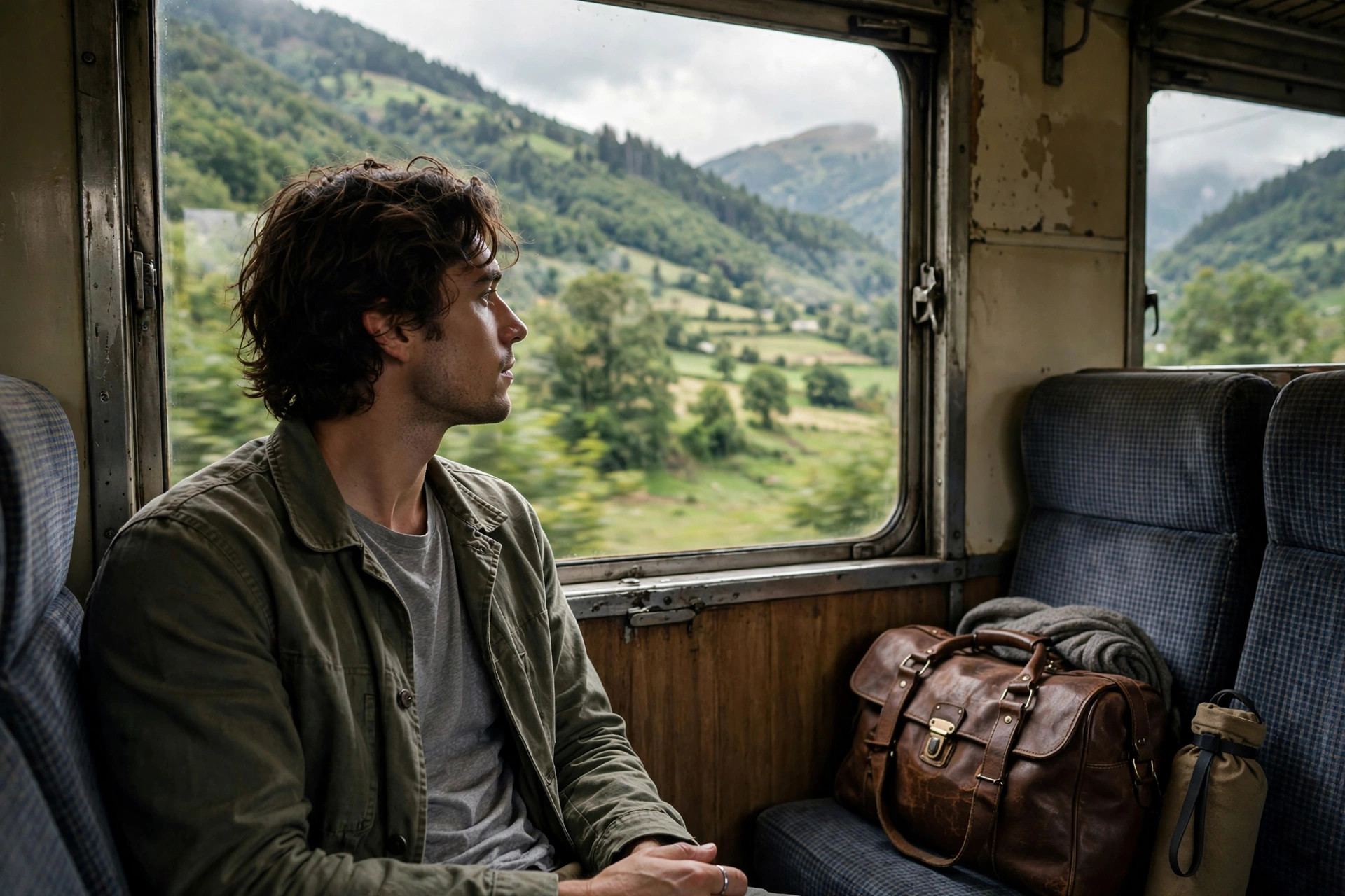 Looking out a train window on a slow travel journey through the countryside — what is slow travel