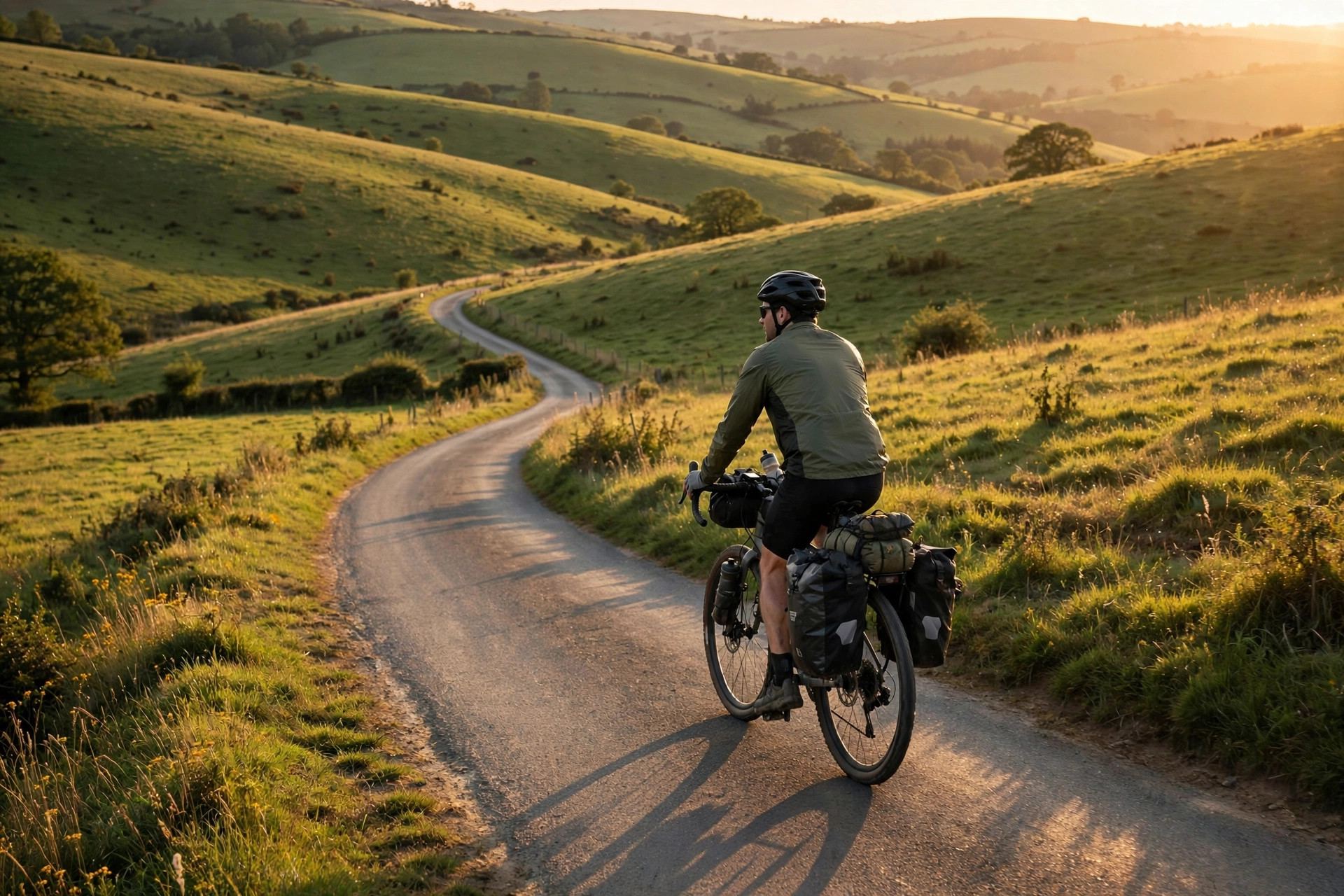 Cycling a quiet rural road at golden hour, the pace of slow travel — what is slow travel