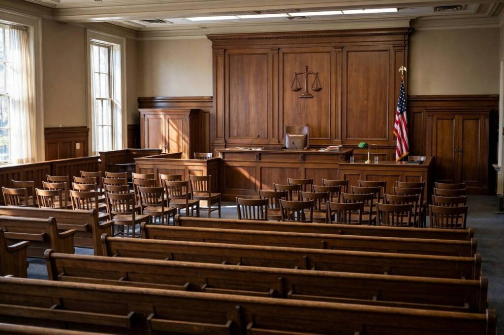 Small claims courtroom interior with judge bench and empty chairs viewed from the gallery