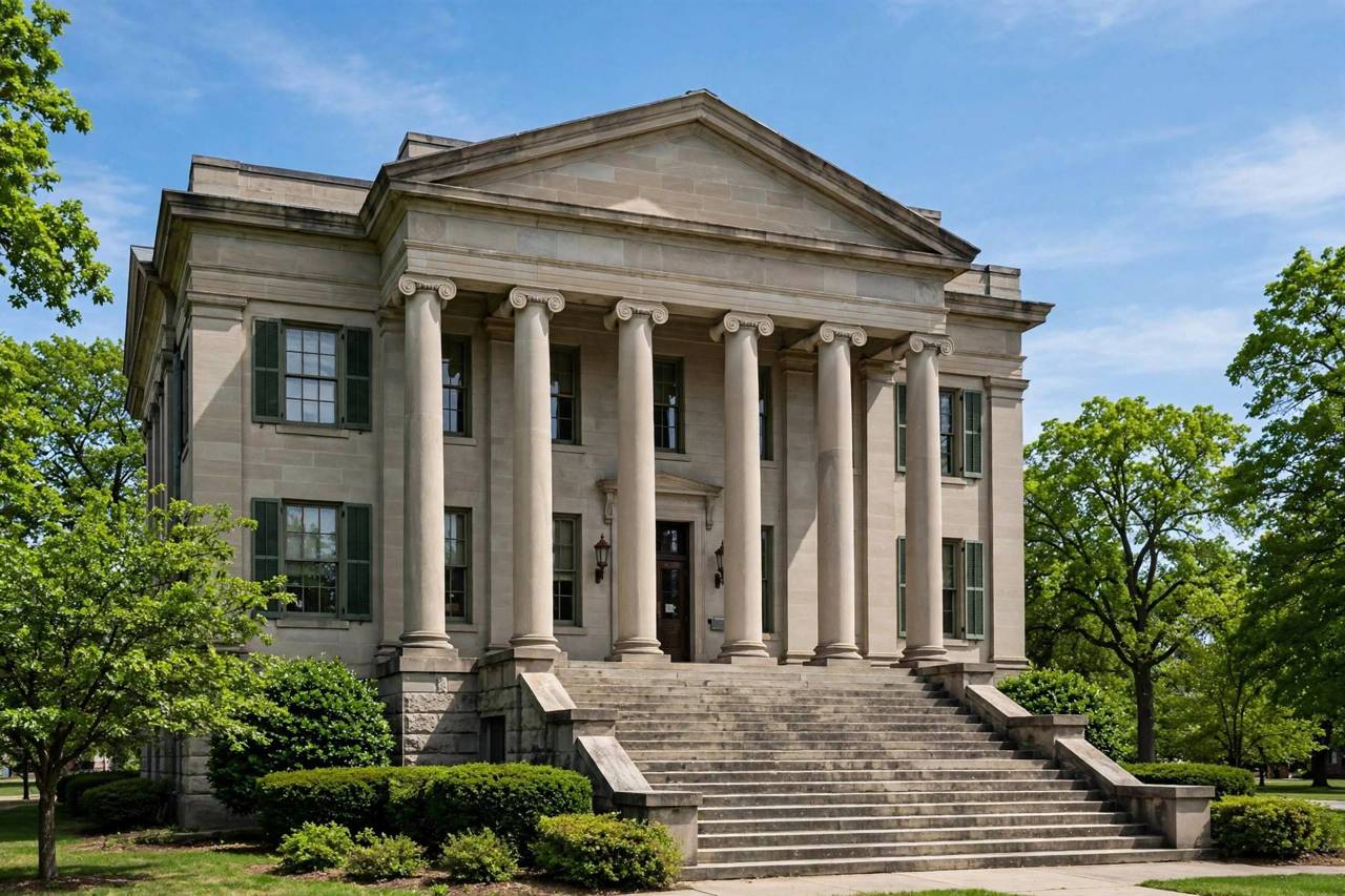 Exterior of a local courthouse building with columns and steps on a clear day