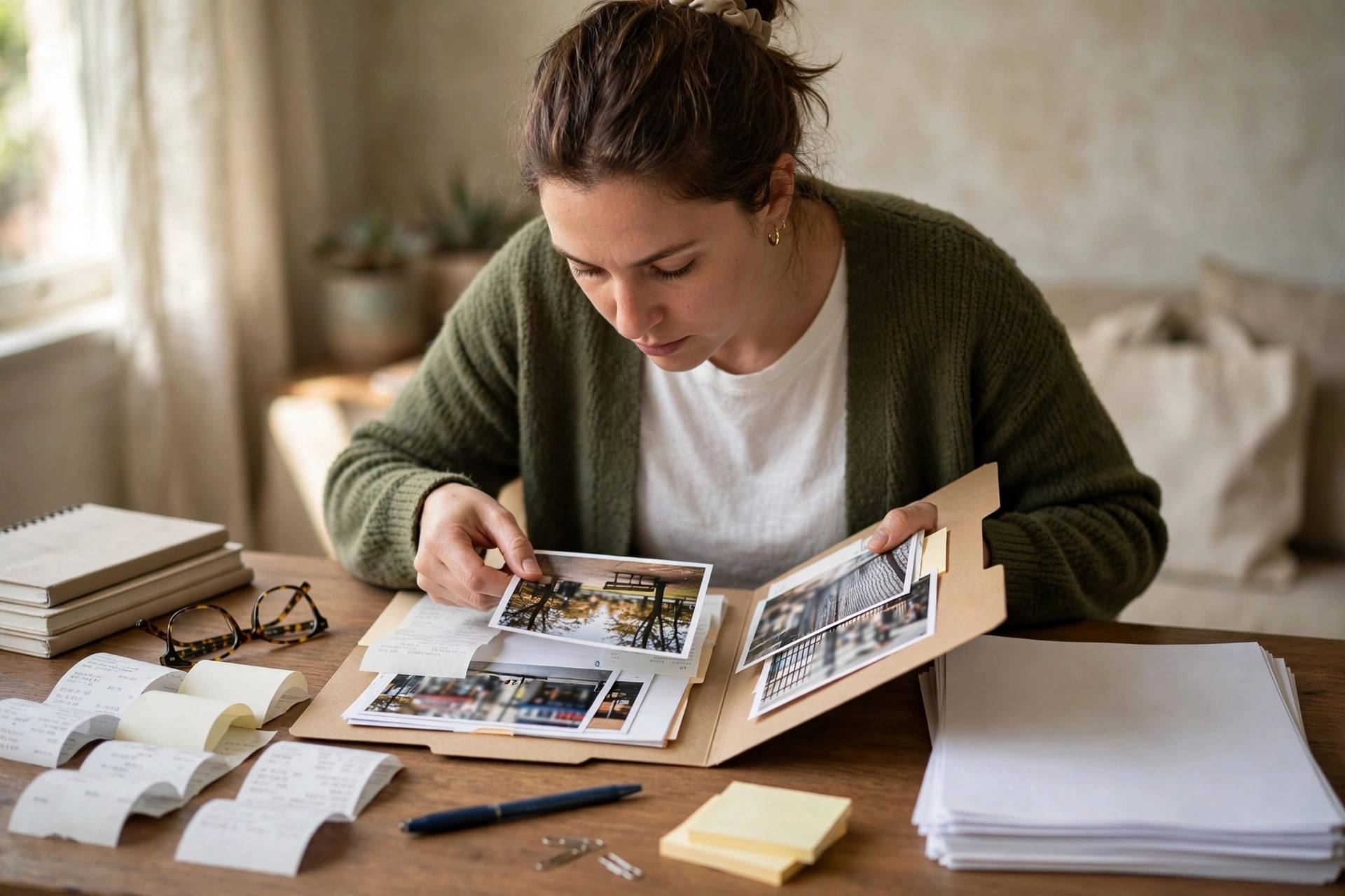 Person organizing legal documents, receipts, and photos into a folder to prepare for small claims court hearing