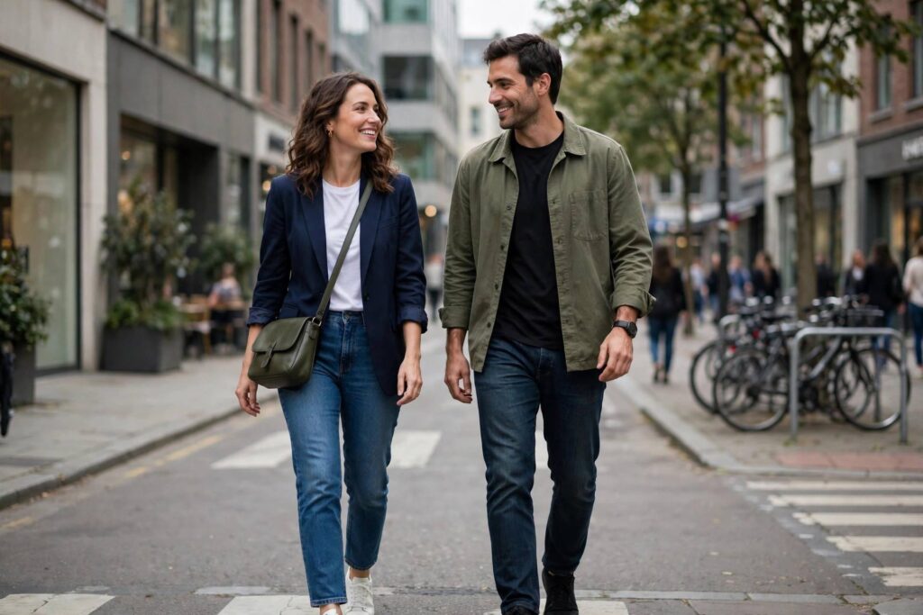 Fashionable couple in smart casual outfits walking on a city street, woman in blazer and jeans