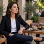 Stylish woman in smart casual outfit: blazer, dark jeans, and elegant flats at a cafe