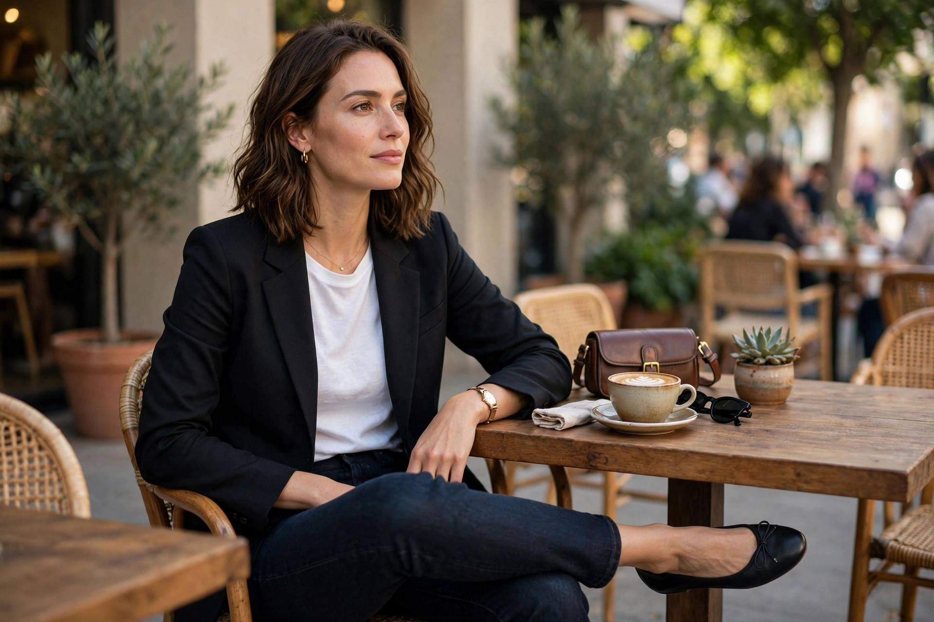 Stylish woman in smart casual outfit: blazer, dark jeans, and elegant flats at a cafe
