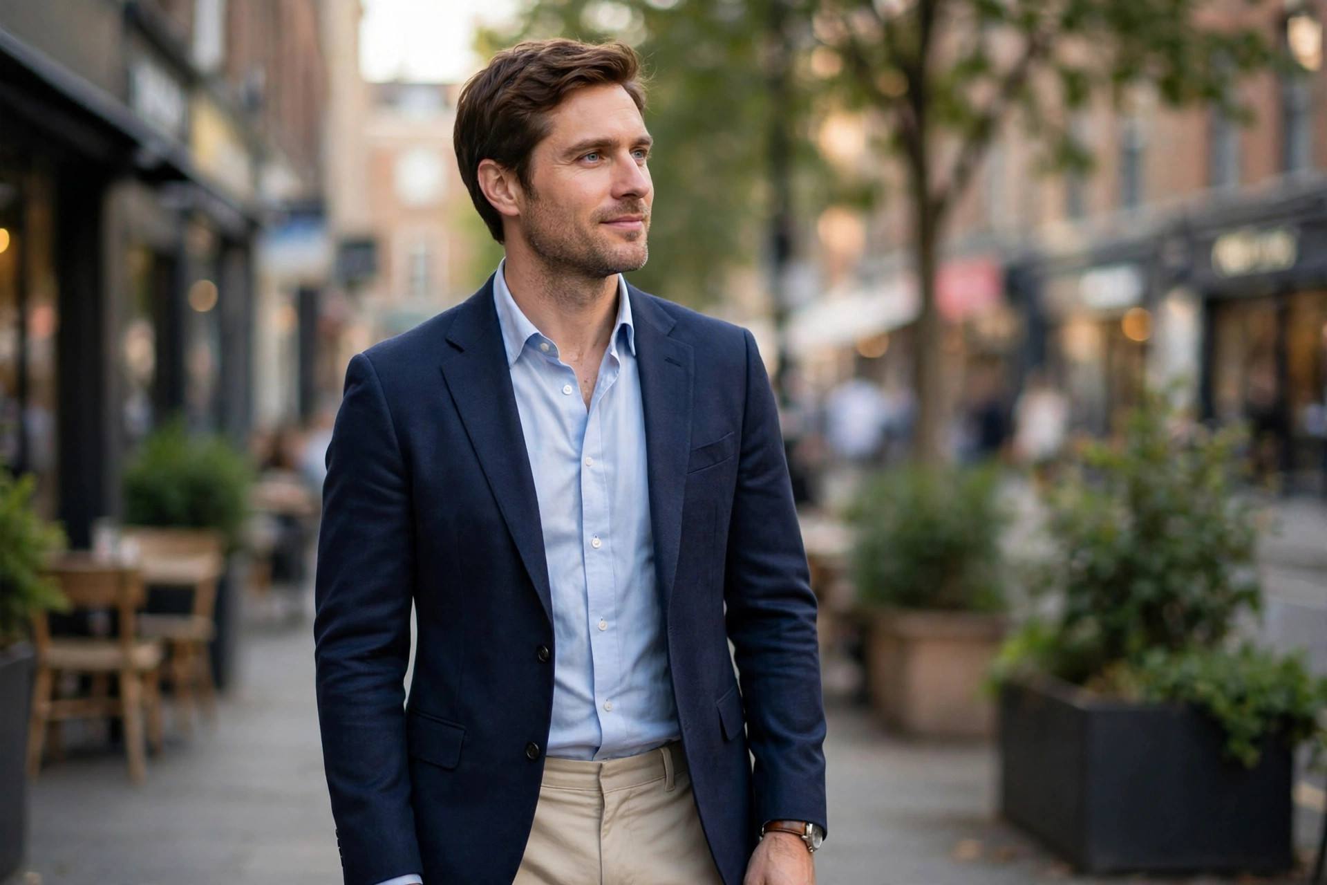 Well-dressed man in smart casual attire: chinos, button-down shirt, and blazer