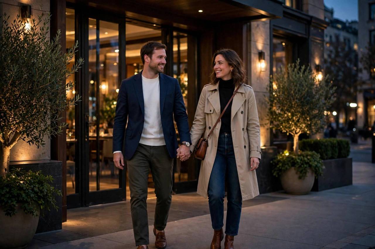 Couple dressed in smart casual outfits arriving at an upscale restaurant in the evening