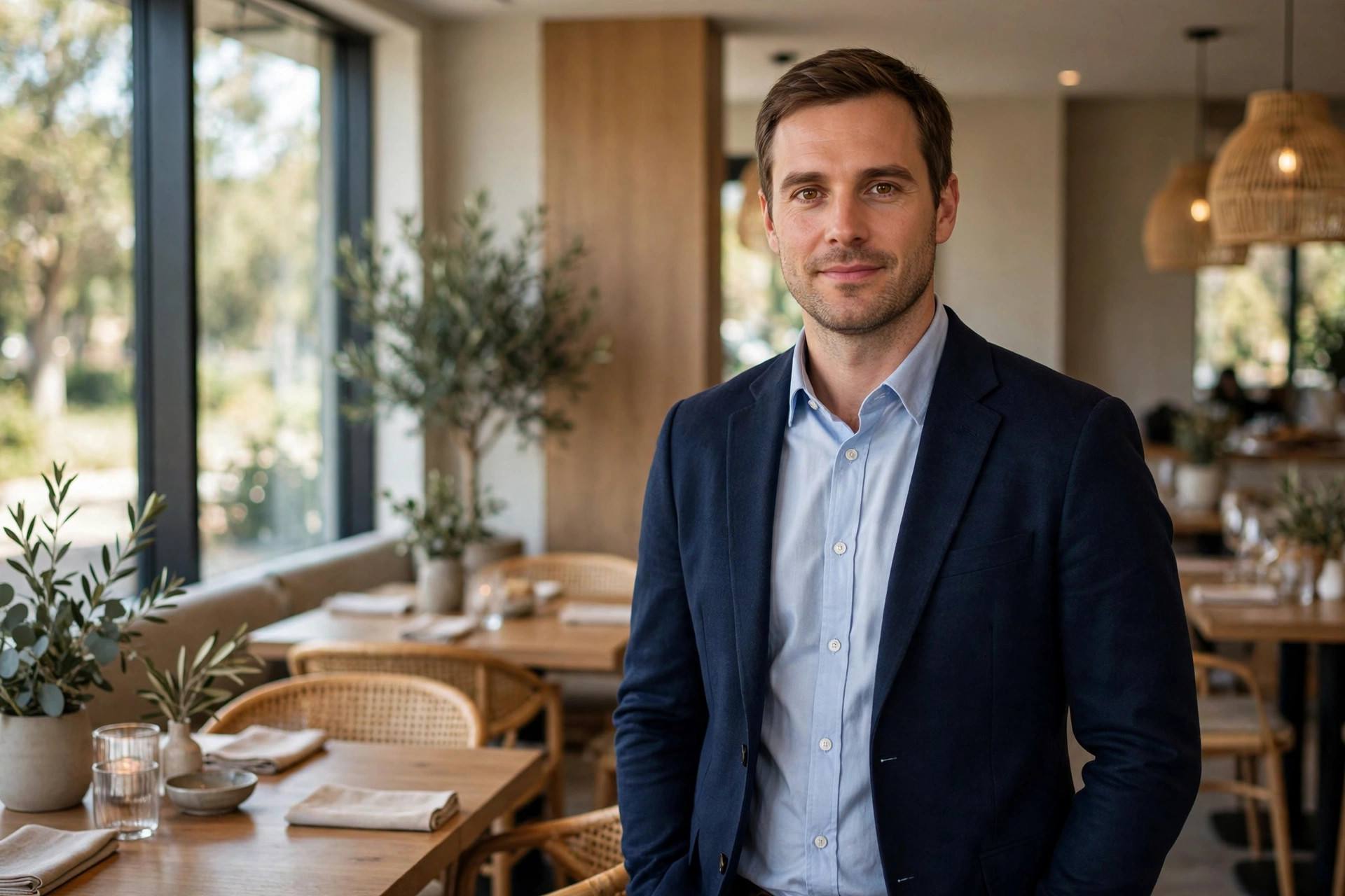 Man wearing smart casual attire with blazer over shirt in a restaurant setting