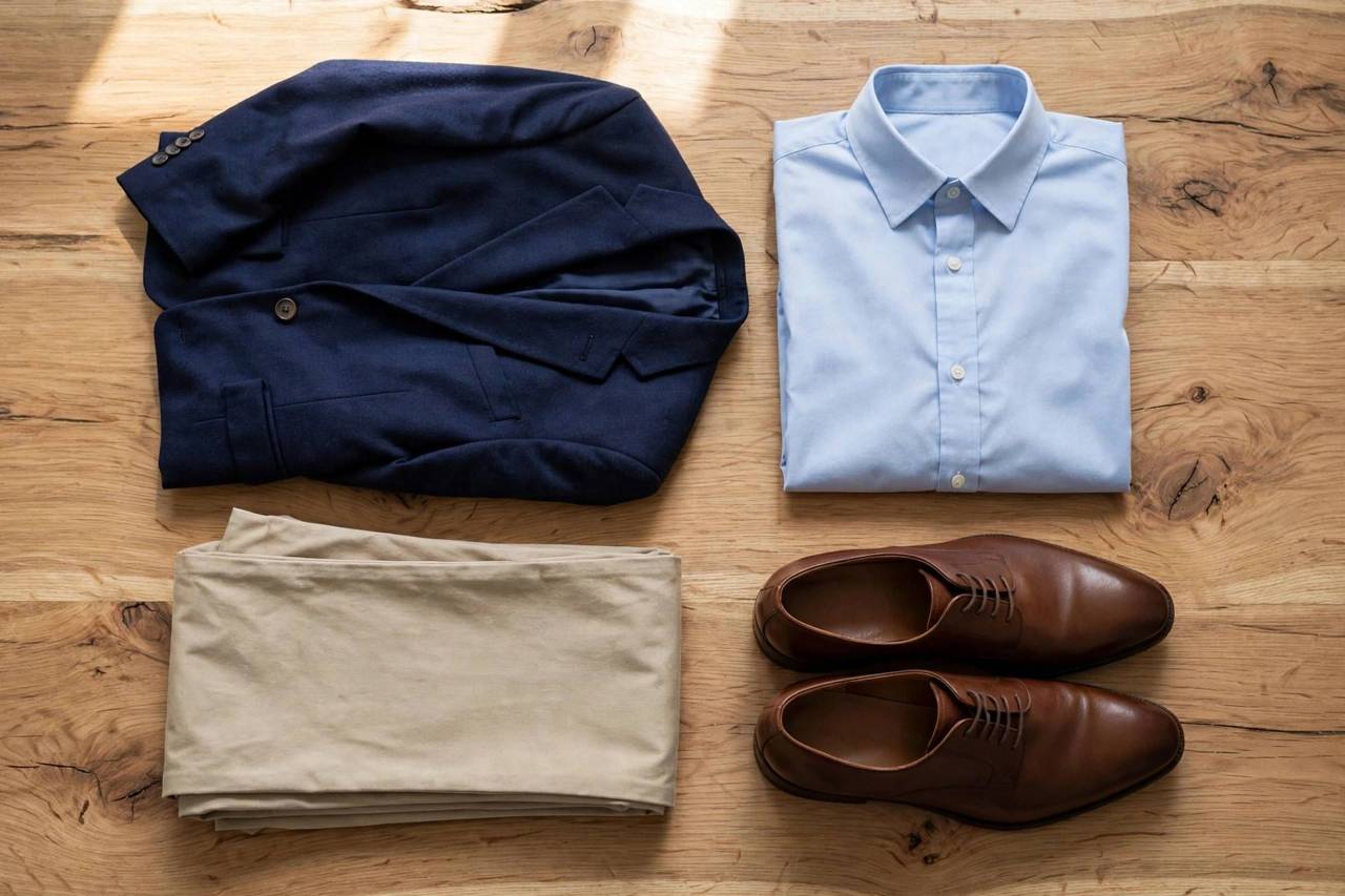 Flat lay of smart casual menswear items including blazer chinos and leather shoes