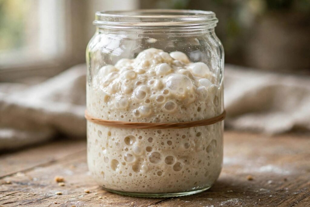 Bubbly sourdough starter rising in a glass jar with a rubber band marking its level