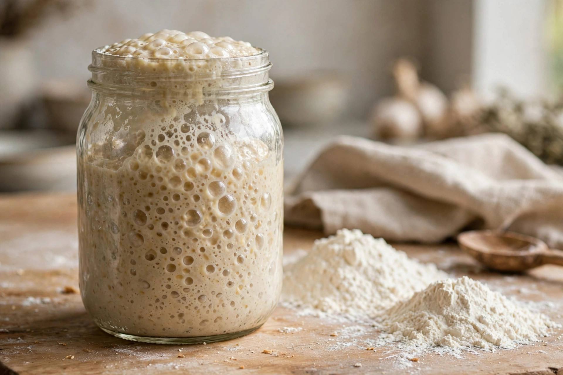 Glass jar of bubbly active sourdough starter on a kitchen counter next to flour