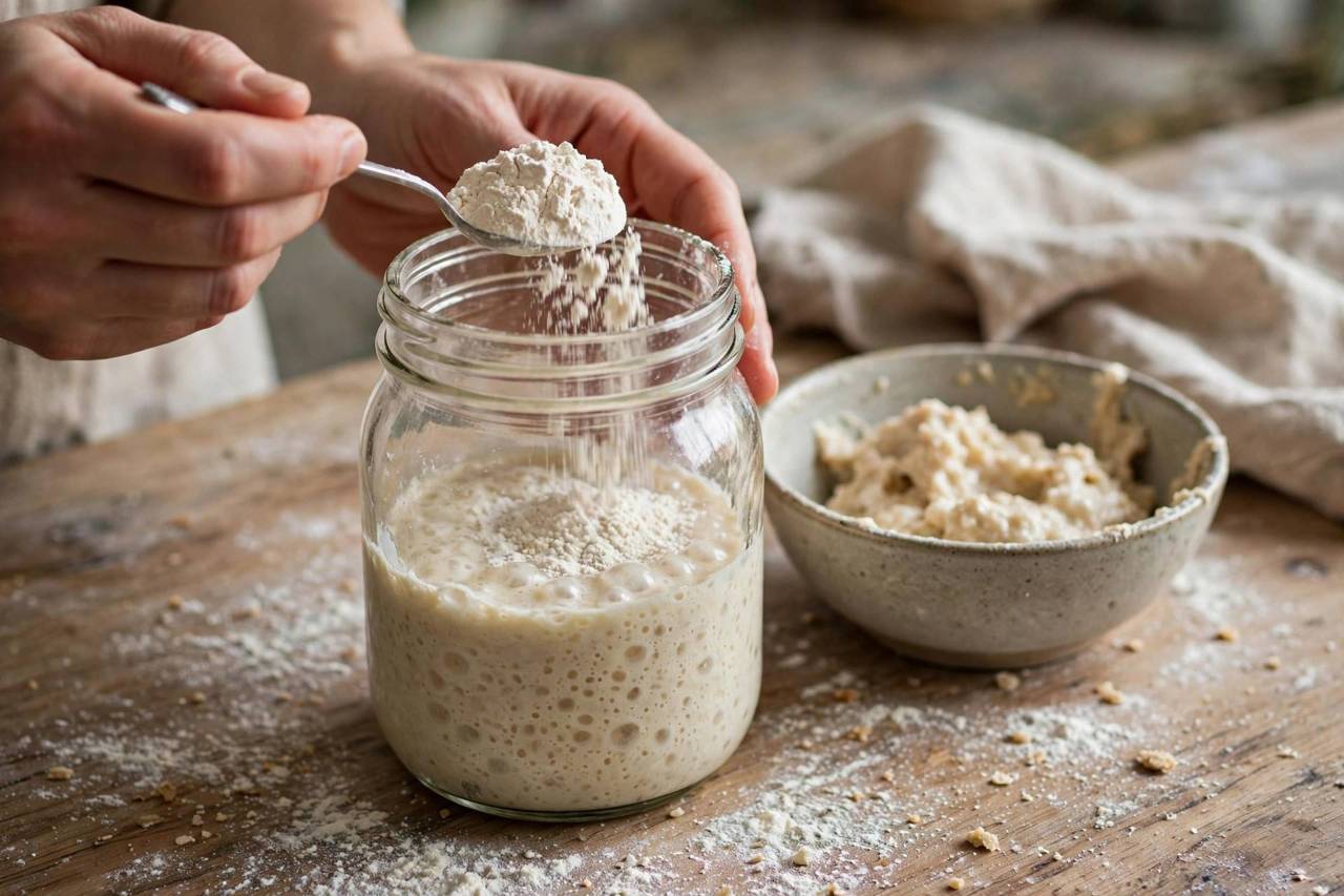 Hands feeding a sourdough starter with flour in a glass jar, discard bowl nearby