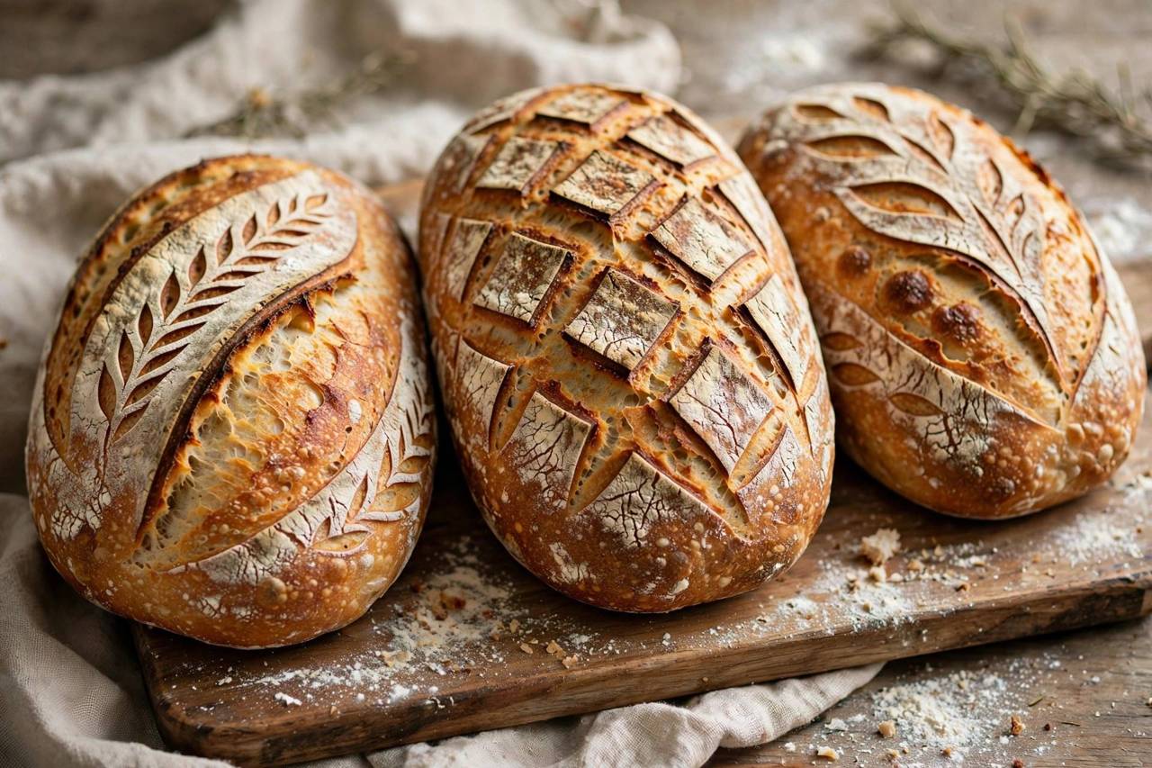 Freshly baked rustic sourdough bread loaves with beautiful crust scoring on a wooden board