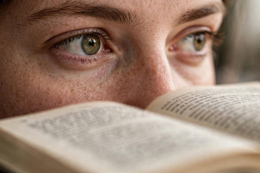 Close-up of eyes moving across lines of text while reading