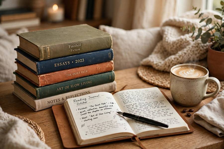 A stack of finished books beside a reading journal