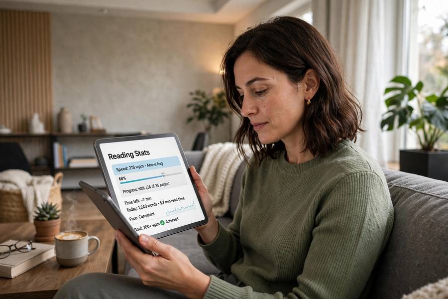 A person tracking reading speed on a tablet