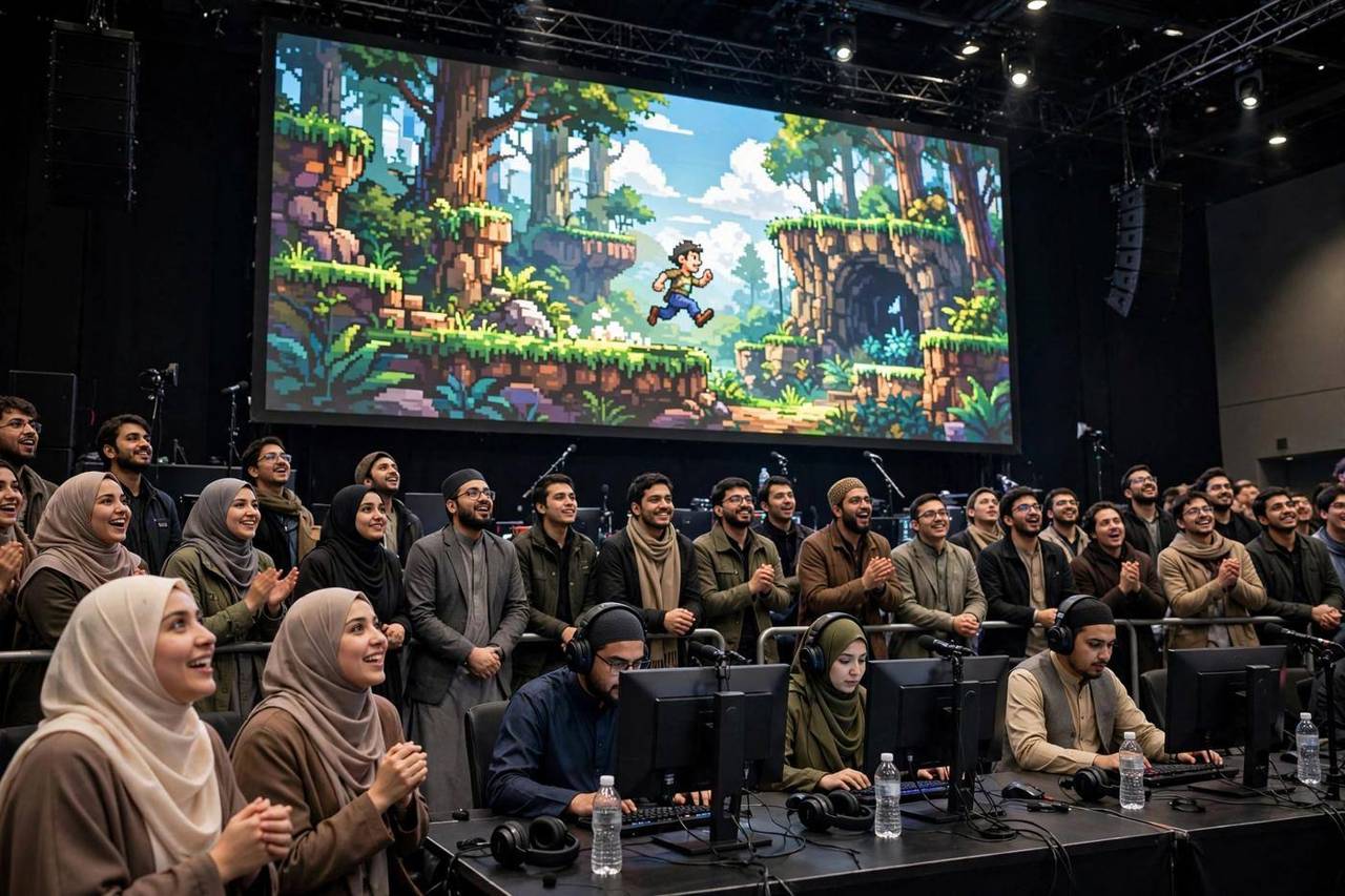 Excited crowd watching a live speedrun event on a big stage screen with runners at desks below