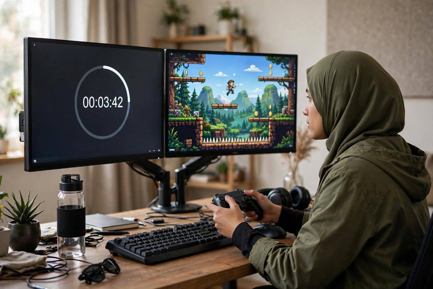 Person practicing a platformer speedrun at a desk with a timer app open on a second monitor