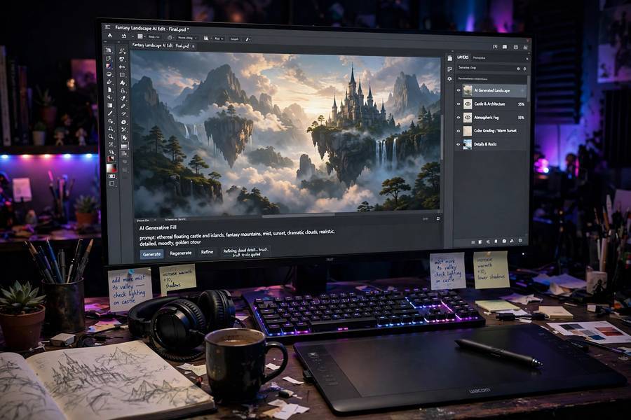 Artist using Stable Diffusion to generate images on a powerful workstation