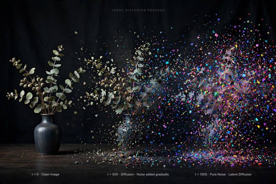 The diffusion process behind Stable Diffusion shown as an image dissolving into noise