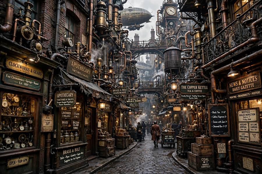 Stable Diffusion XL generating legible text on shop signs in a steampunk city scene