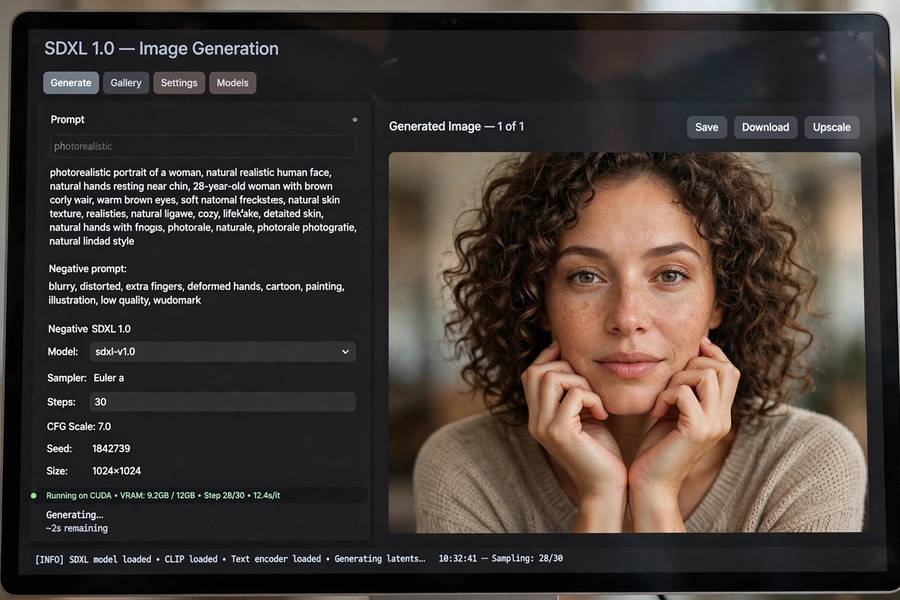 Stable Diffusion XL rendering a photorealistic face with natural-looking hands on screen