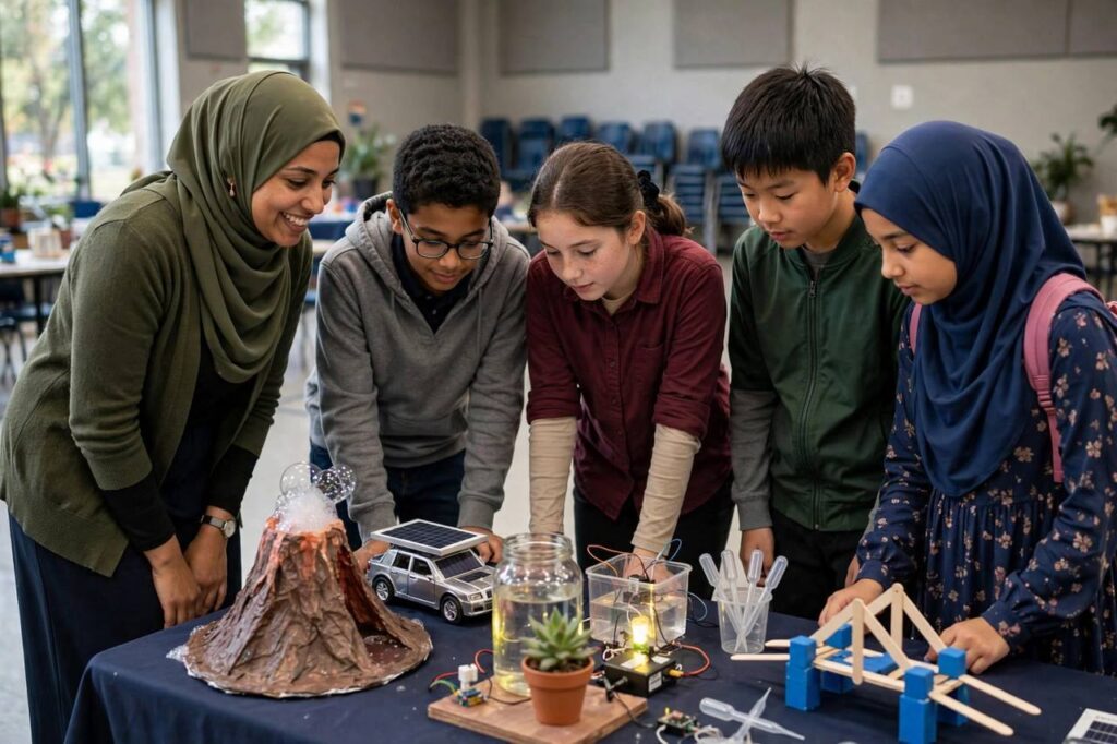 Teacher and students gathered around a table of science project displays at a school STEM fair