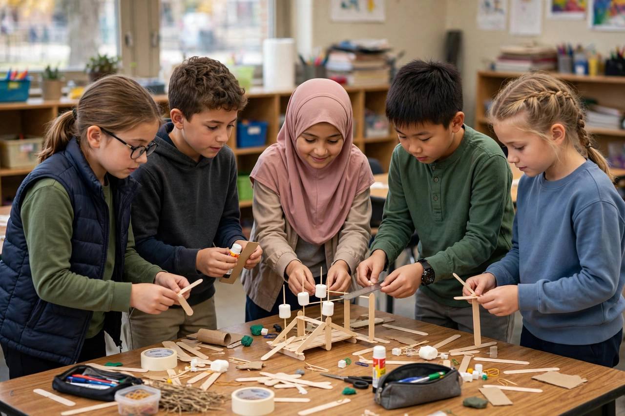 Elementary students working together at a table on a hands-on engineering project with building materials and a laptop