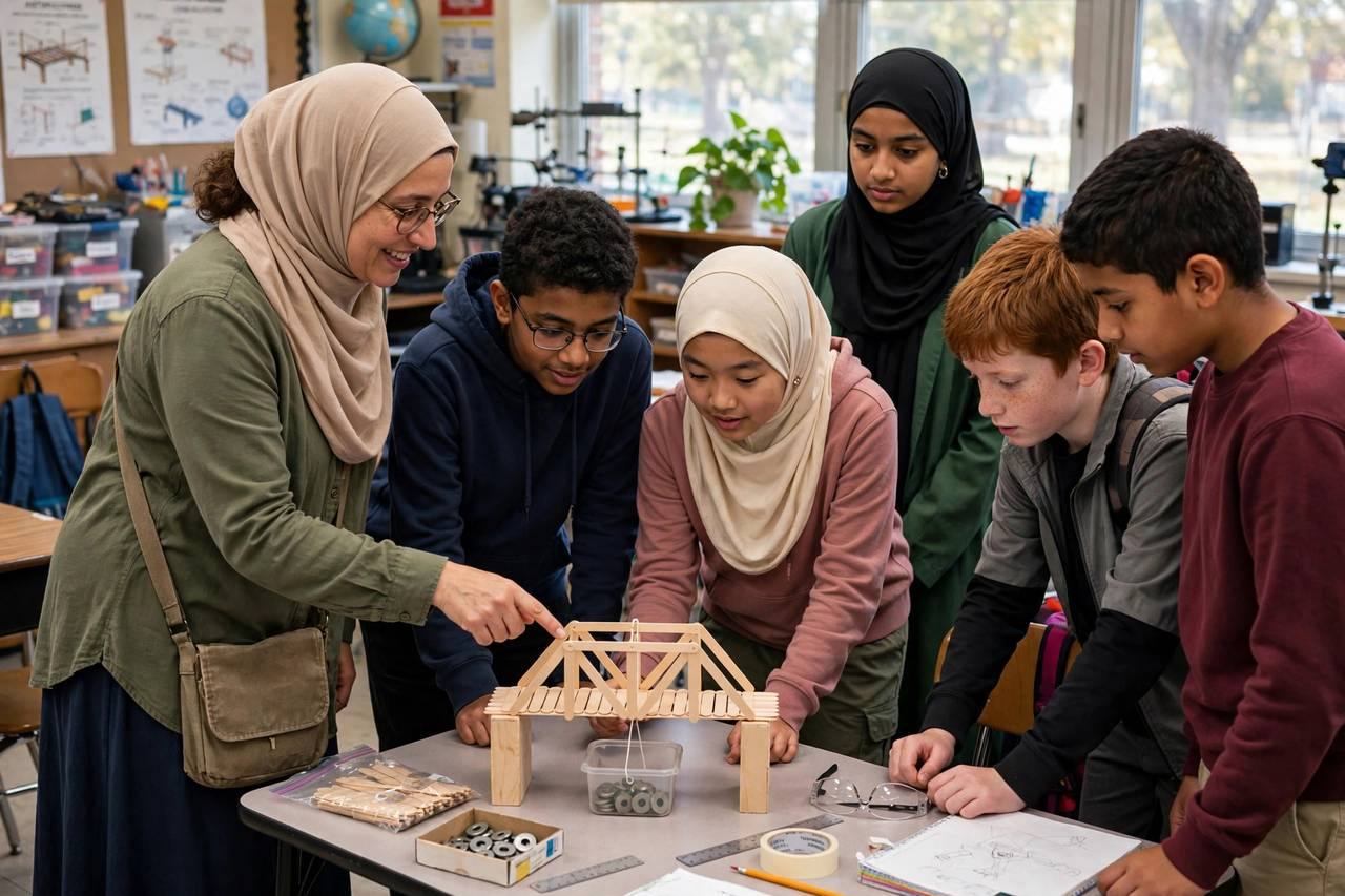 Teacher guiding middle school students as they test a small model bridge they built in class