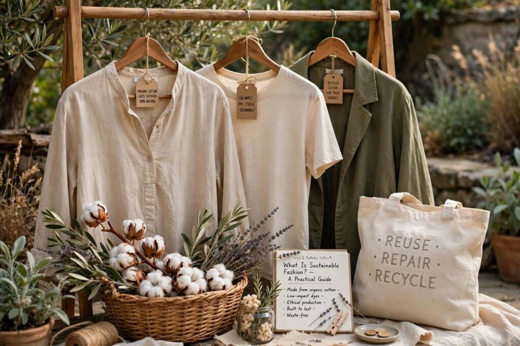 Sustainable fashion concept with organic cotton garments on wooden hangers in natural light