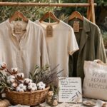 Sustainable fashion concept with organic cotton garments on wooden hangers in natural light
