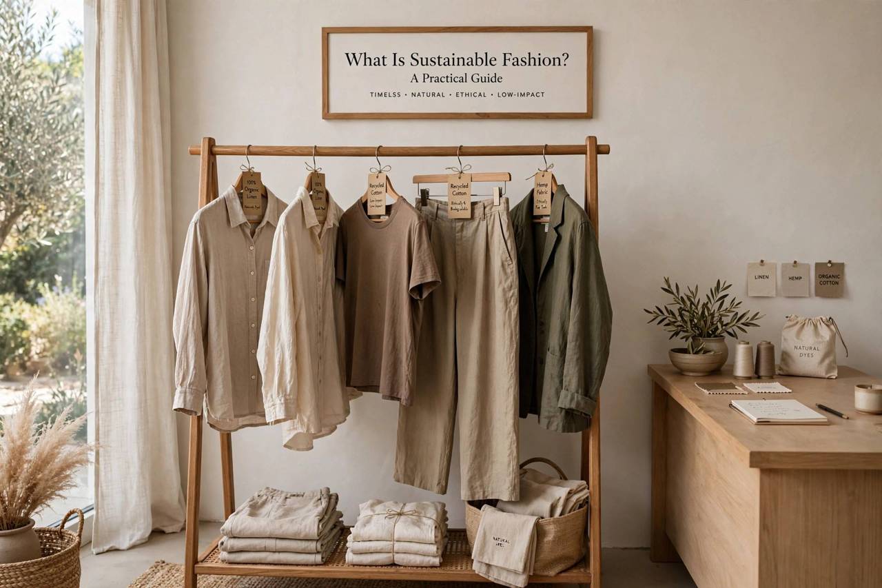 Clothing rack with timeless neutral garments in a minimalist boutique, natural fabrics