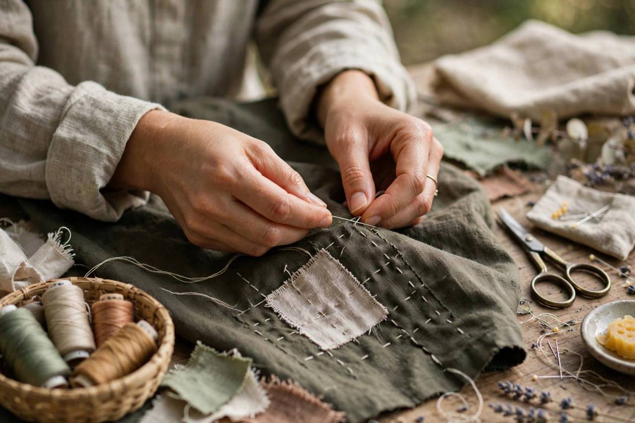Hands mending clothes with needle and thread, visible mending craft close-up