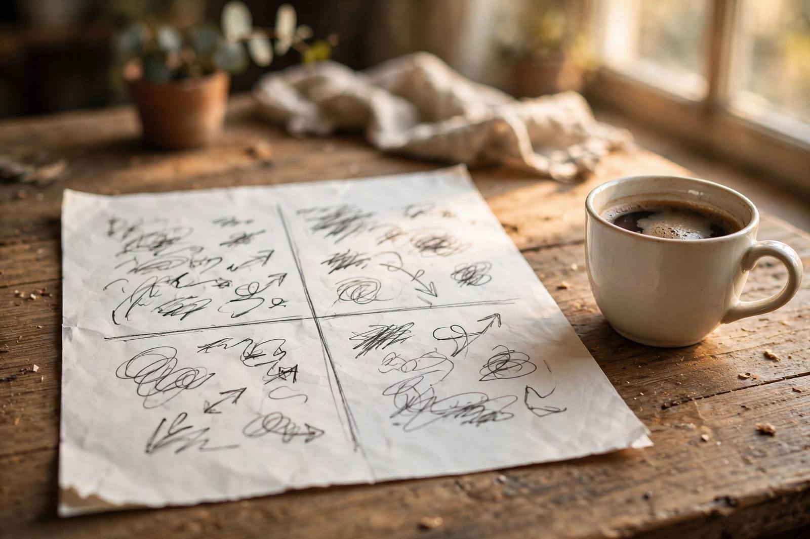 Hand-drawn 2x2 SWOT analysis grid on paper showing Strengths, Weaknesses, Opportunities, Threats next to a coffee cup
