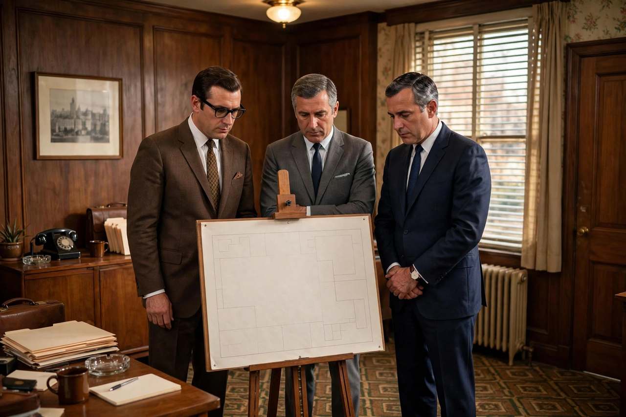 Vintage 1960s office meeting room where businessmen discuss strategy charts on an easel