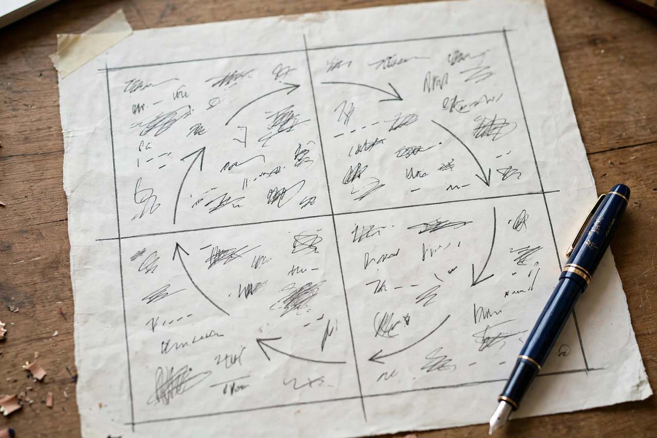 Close-up of a TOWS matrix drawn on paper with arrows linking strengths to opportunities