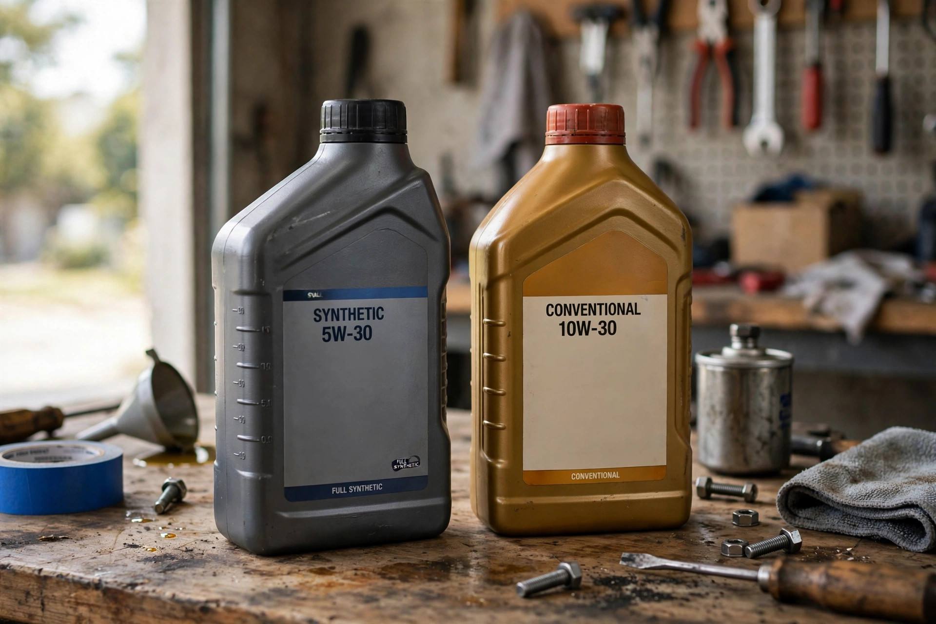 Two bottles of motor oil, one synthetic and one conventional, on a garage workbench