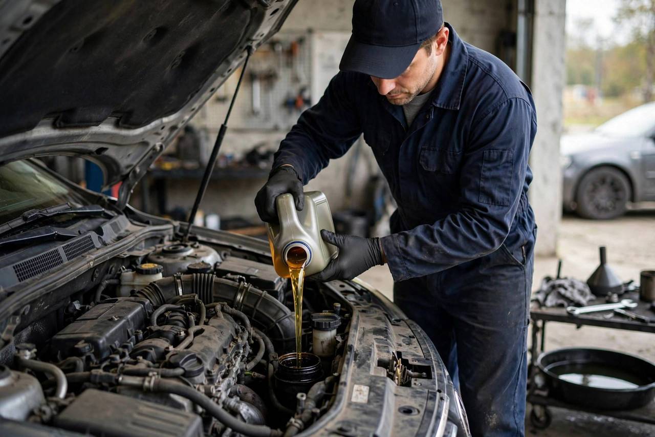 A mechanic pouring fresh oil into a car engine during an oil change