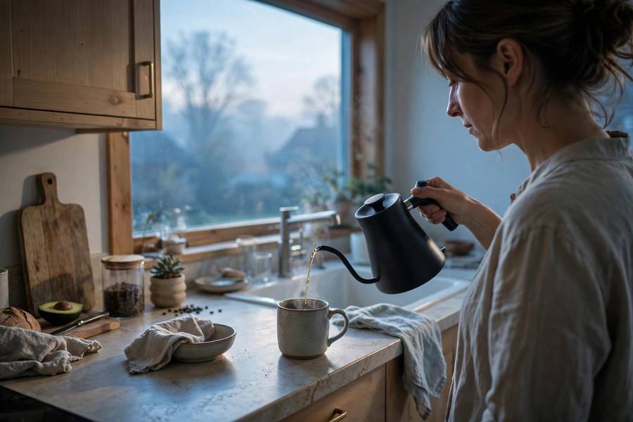 Quiet dawn kitchen scene illustrating what the 5 AM Club morning routine looks like