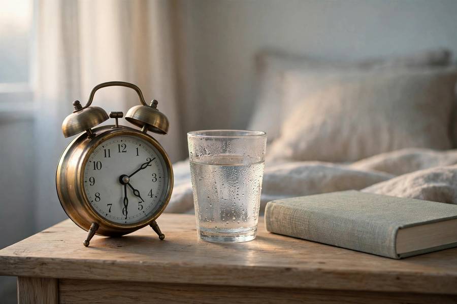 A 5 AM alarm clock on a nightstand representing the 5 AM Club wake-up time