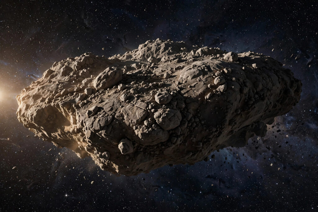 Photorealistic view of a huge rocky asteroid with a rugged, boulder-covered gray-brown surface drifting through deep space against a dense starfield, dramatic side-lighting, no people