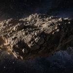 What Is the Asteroid Spin Barrier? Why Fast Asteroids Should Fly Apart Photorealistic view of a huge rocky asteroid with a rugged, boulder-covered gray-brown surface drifting through deep space against a dense starfield, dramatic side-lighting, no people